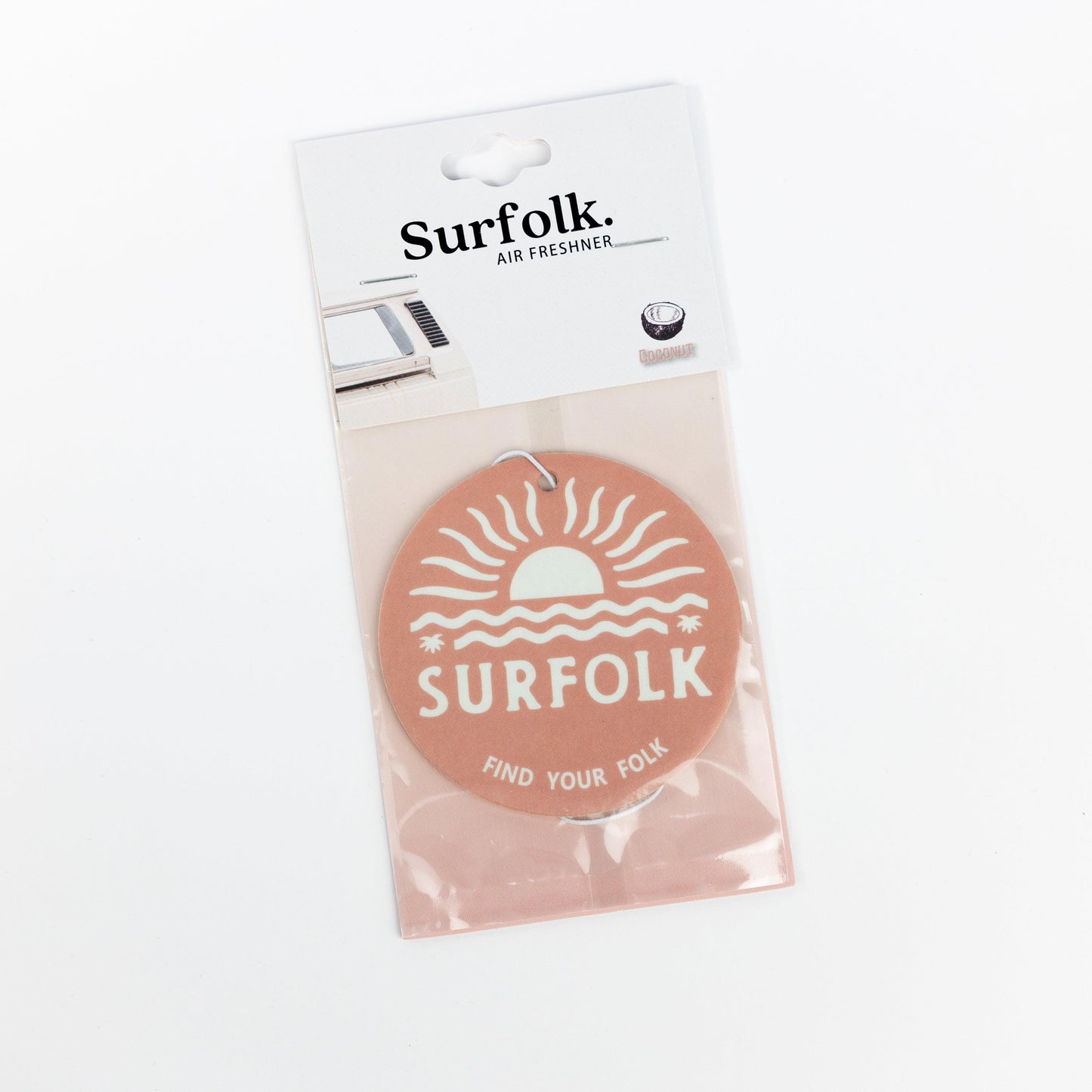 Coconut surf scented car air freshener for the van or 4WD to take on road trips hanging from rear vision mirror ready for road trips along the coast made from recyclable and sustainable materials find your folk